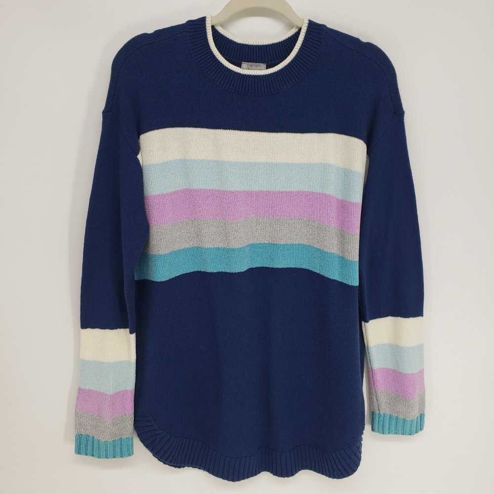 T by Talbots Striped Crewneck Sweater Women Large Navy Blue Cotton Blend Tunic
